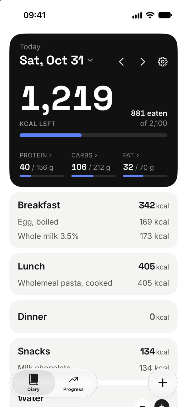 The app’s diary: 1,219 kcal left, breakfast, lunch, dinner and snacks